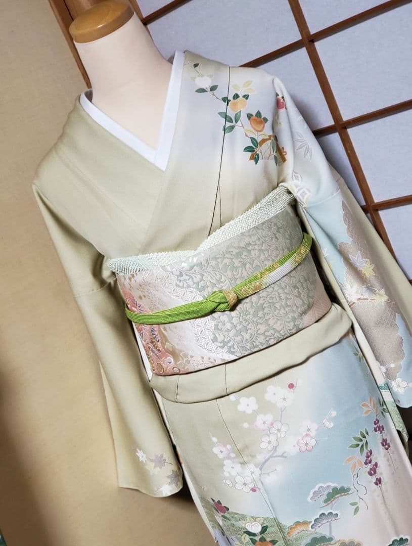 逸品SALE☆【着物帯セット＊】鶸色の古典柄訪問着　トールサイズ　裄68　入学式