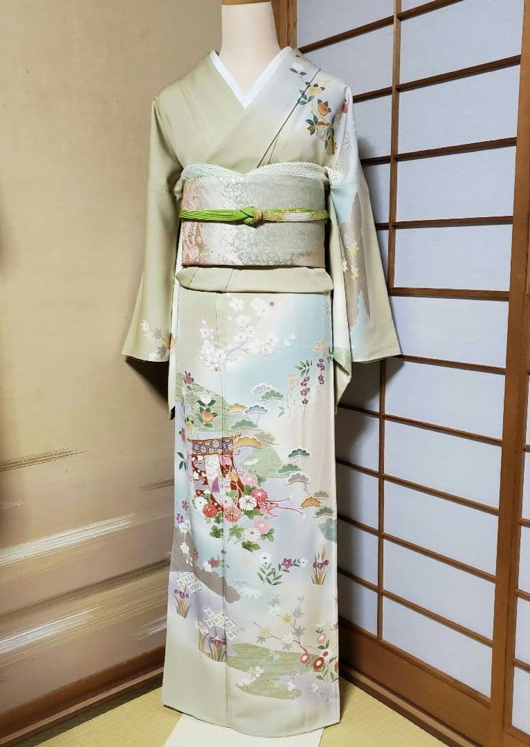 逸品SALE☆【着物帯セット＊】鶸色の古典柄訪問着　トールサイズ　裄68　入学式