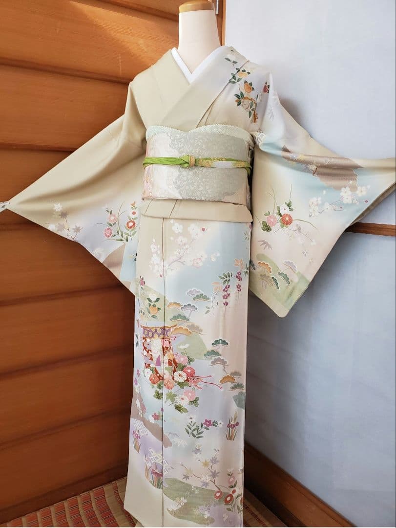 逸品SALE☆【着物帯セット＊】鶸色の古典柄訪問着　トールサイズ　裄68　入学式