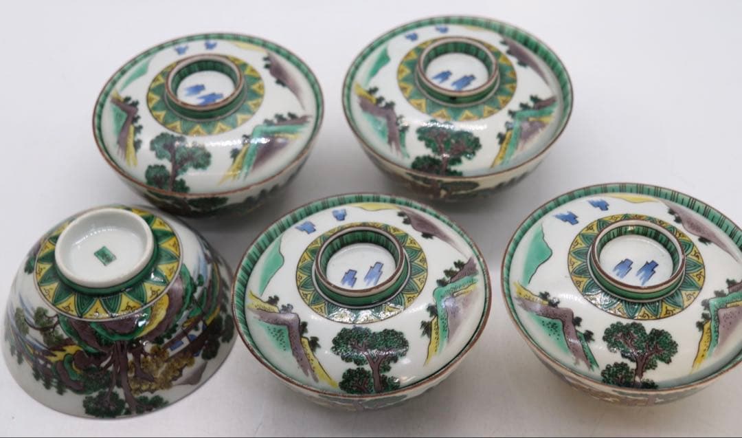 明治期　九谷焼　蓋茶碗5点　送料込み251114