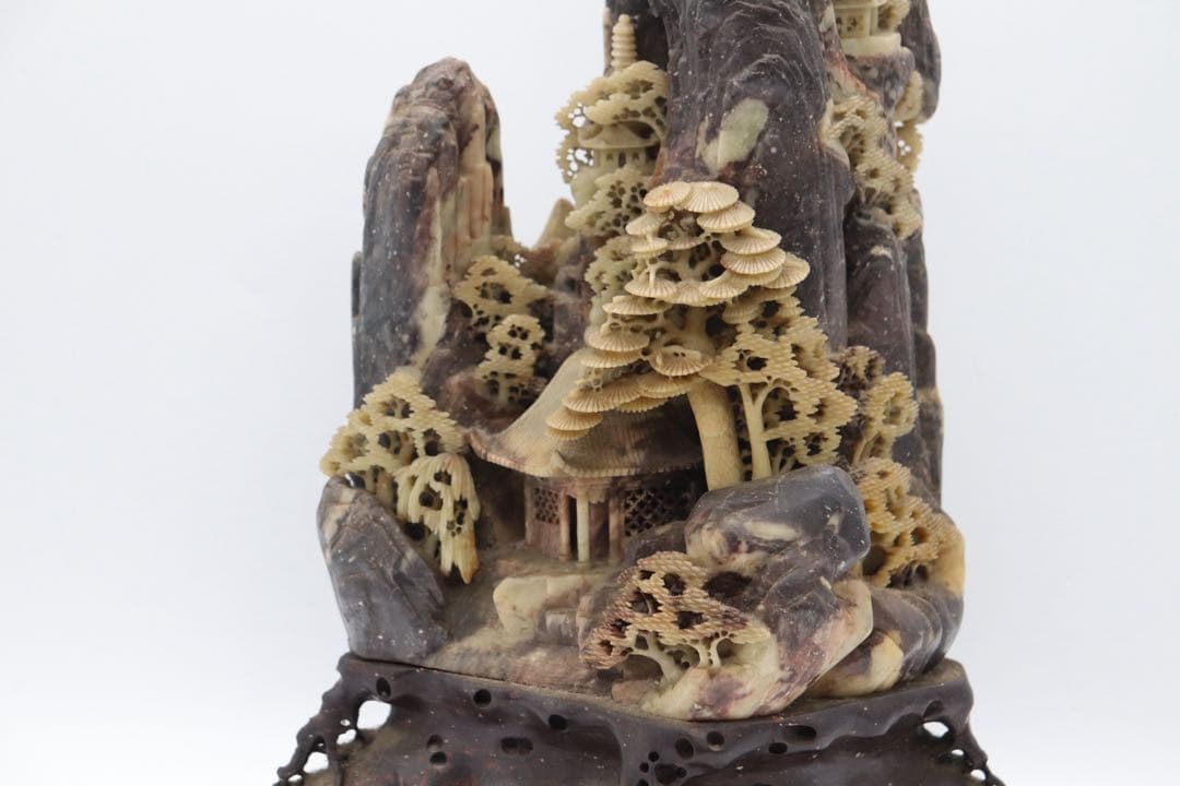 中国　寿山石　山水楼閣彫　置物　送料込み251015