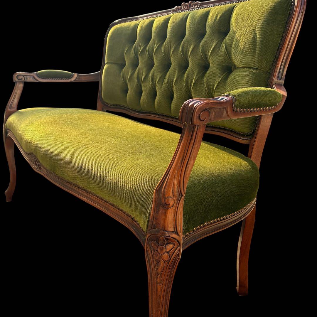 【美品】猫足　アンティークソファ　マホガニー　サロンチェア　グリーン
