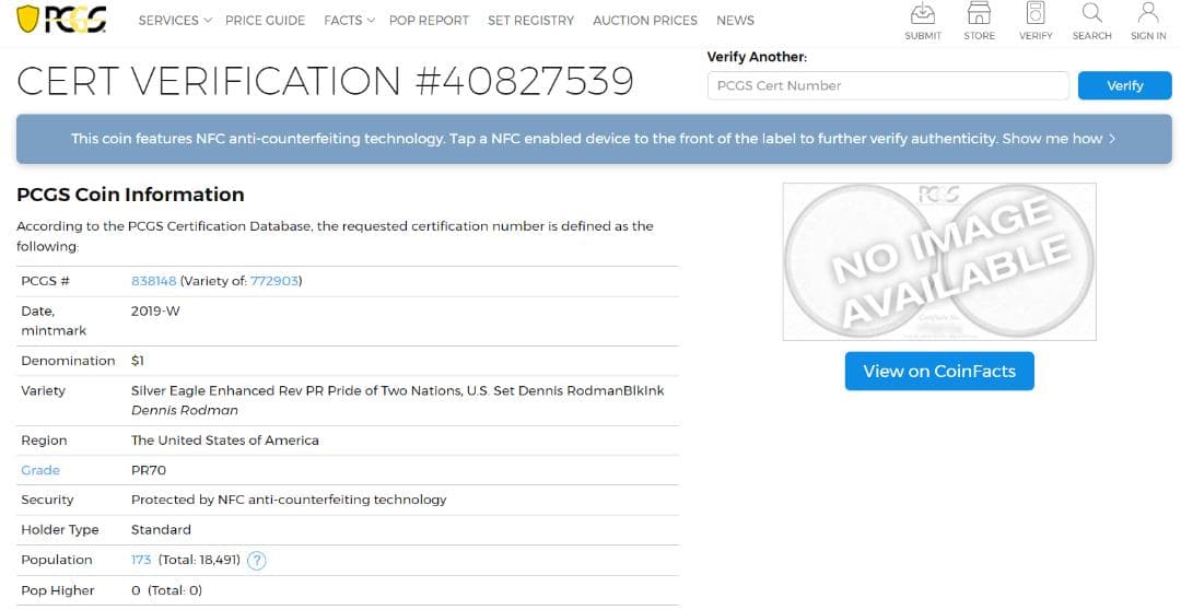 最高鑑定RevPR70　2019年イーグル銀貨　デニスロッドマン　サインラベル