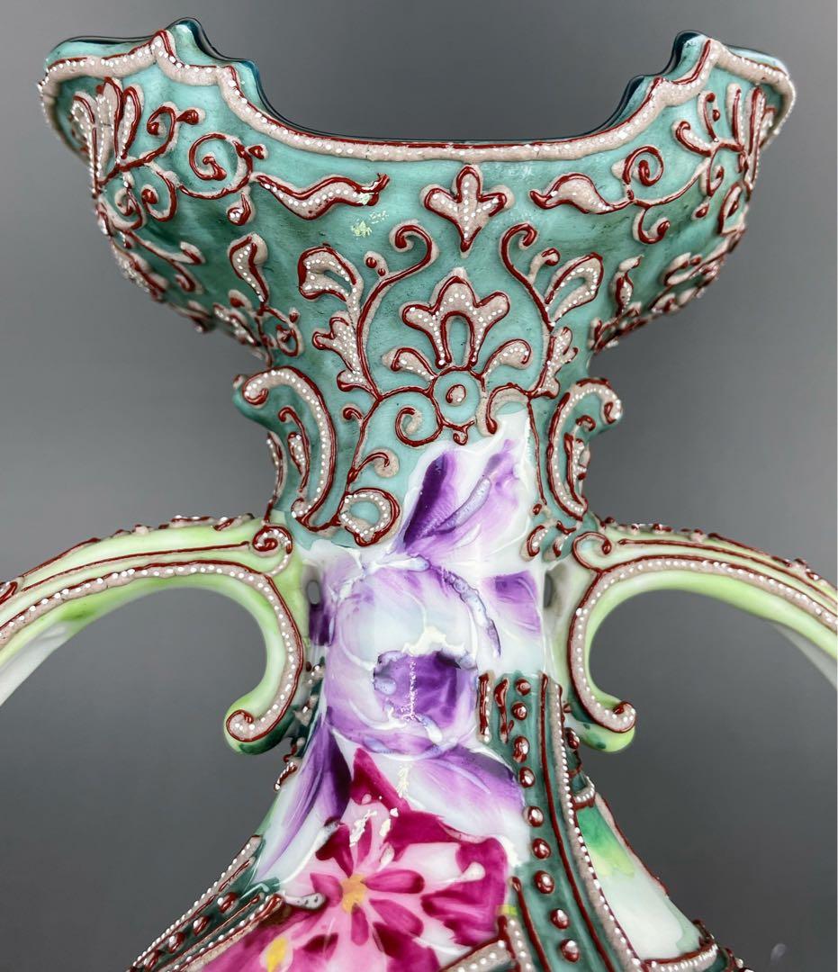 【美品】オールドニッポン ２２．２cm 花紋 一陳盛り花瓶 アールヌーボー様式