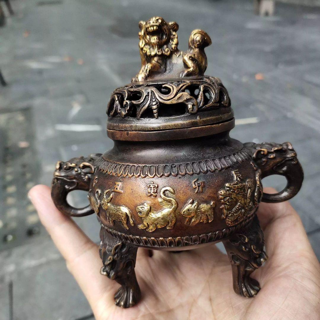 銅細工 十二支薫香炉 三足檀香炉 仏堂 香道具 装飾品 工芸品 美術品 置物