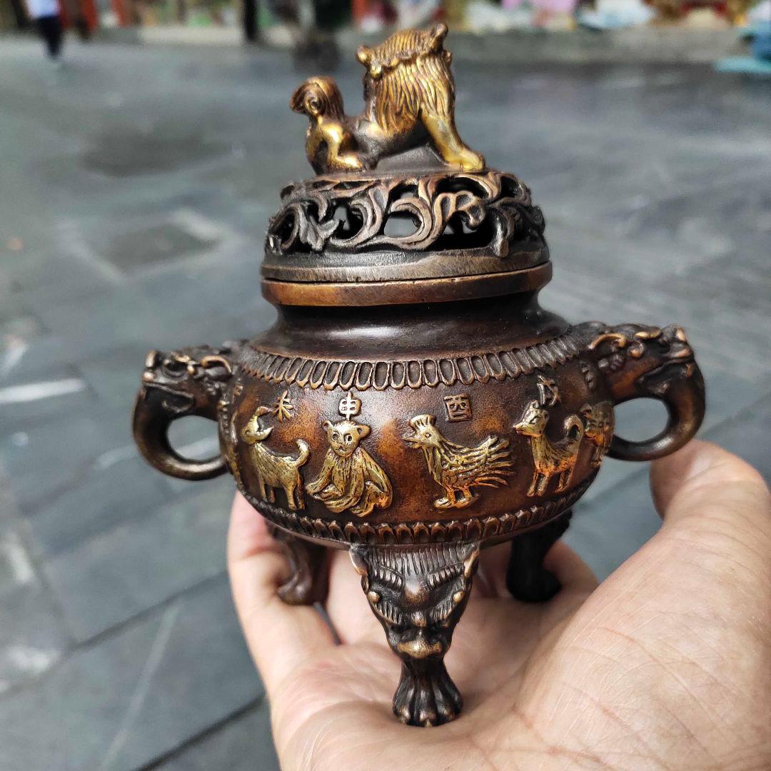 銅細工 十二支薫香炉 三足檀香炉 仏堂 香道具 装飾品 工芸品 美術品 置物