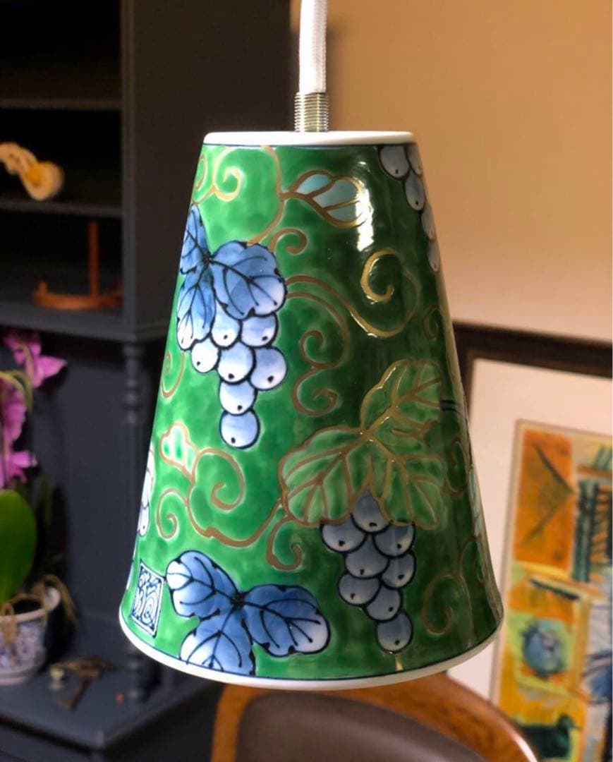 《 有田浪漫グラス × 福泉窯 》染錦ぶどう ペンダントライト LED電球付き