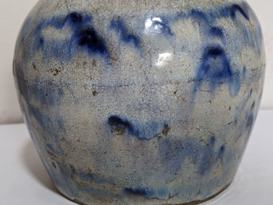 ♦古陶磁 壺 胴継ぎ 染付 藁灰釉 江戸時代 置物飾り 骨董品