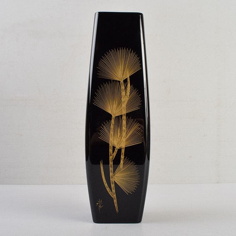 輪島塗　沈金師　角野岩次作　沈金　寿松文　花器　花入　共箱　V　R9403