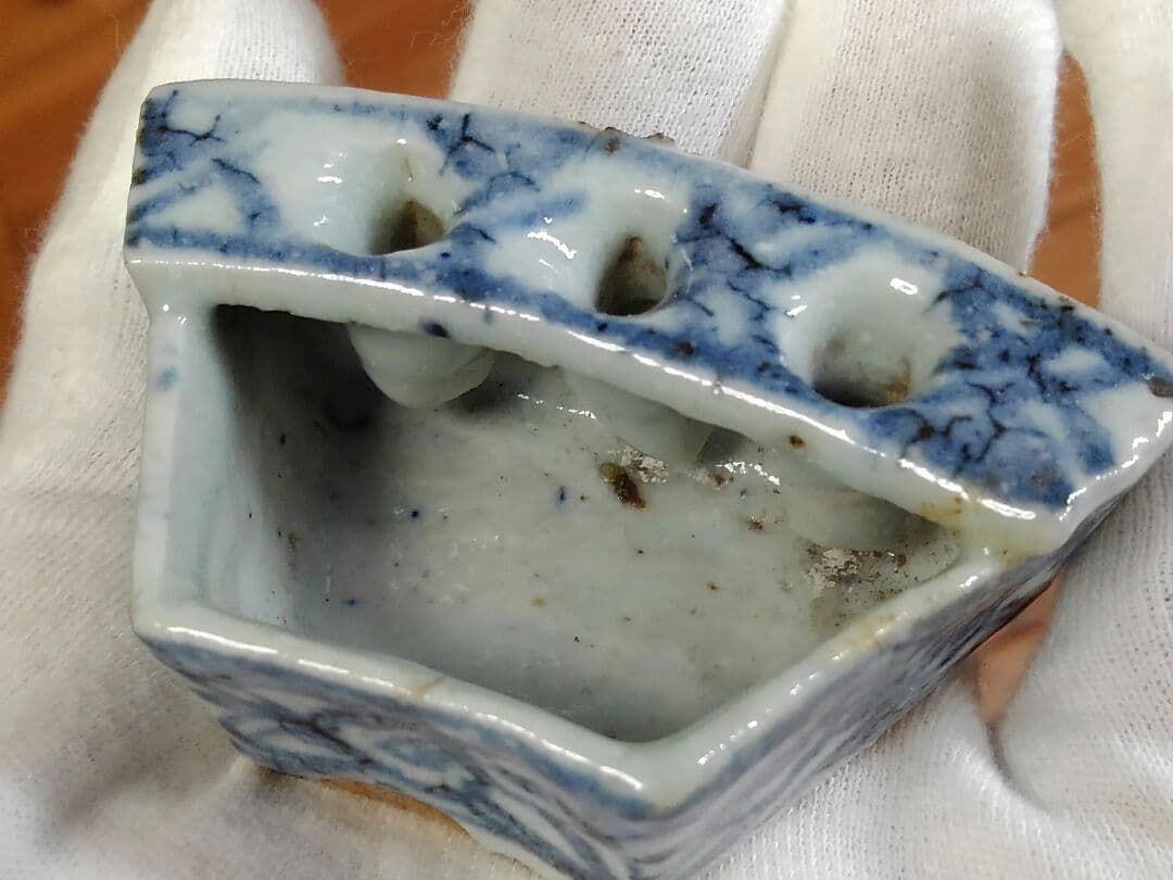 ♥中国製　【　青華　水孟　桐箱付き　】　書道具　染付　骨董品