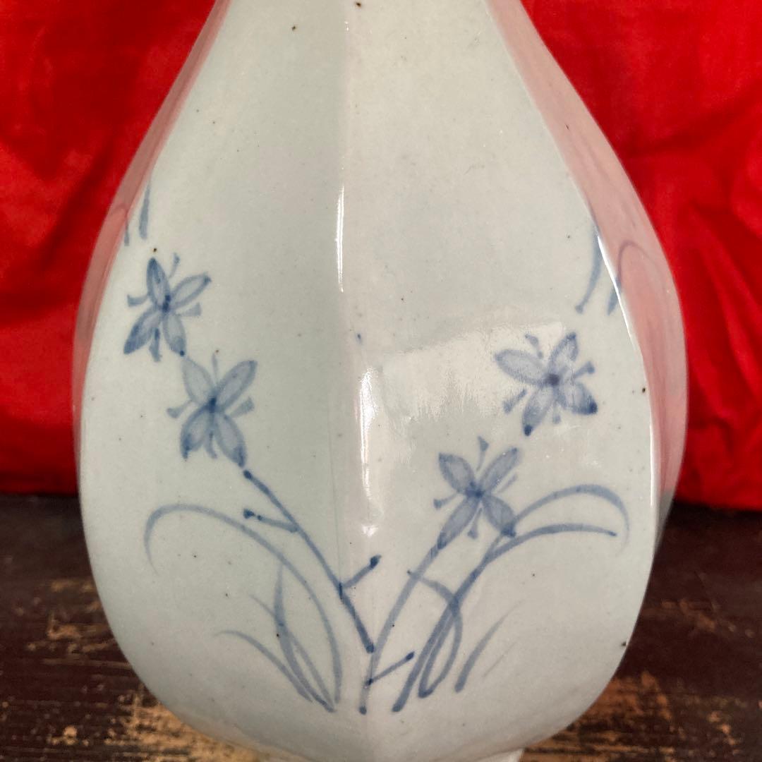 李朝　染付　面取瓶　徳利　秋草文