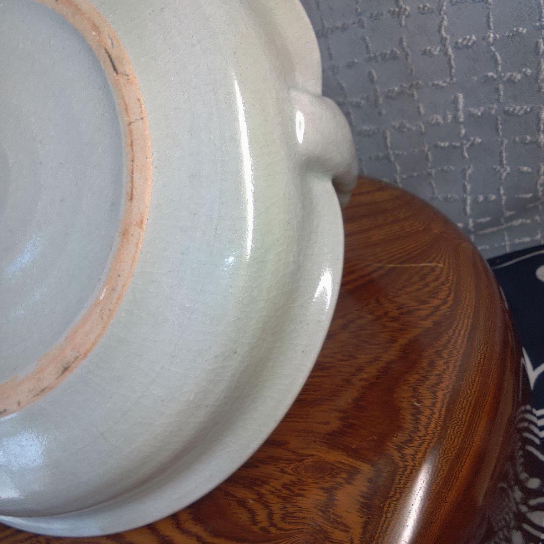 骨董１ 持ち手付き陶器皿 青い花柄中古