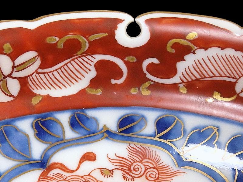 大聖寺伊万里　染錦　獅子に葉唐草の図 　雪輪膾皿　165AS-CTj