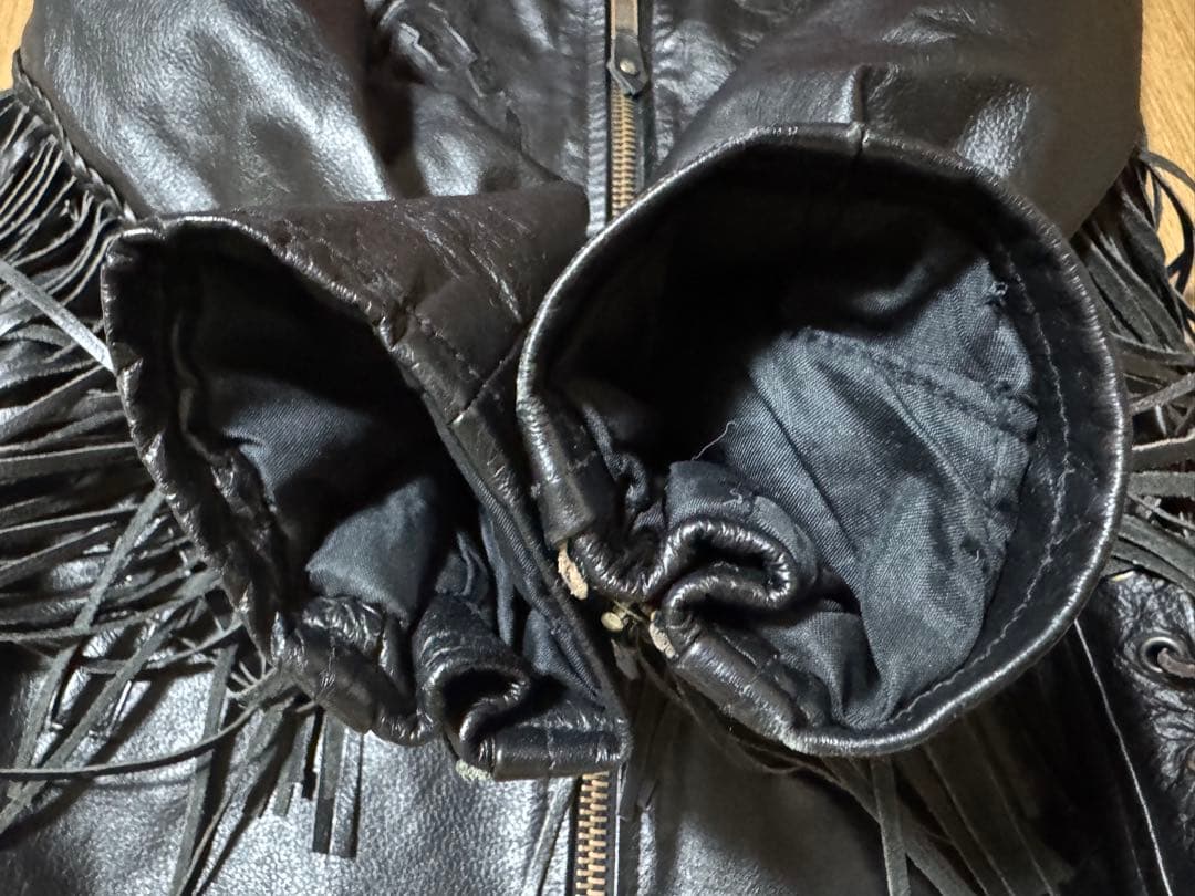 ビンテージ フリンジ レザージャケット 本革 レースアップ ブラック 襟付き