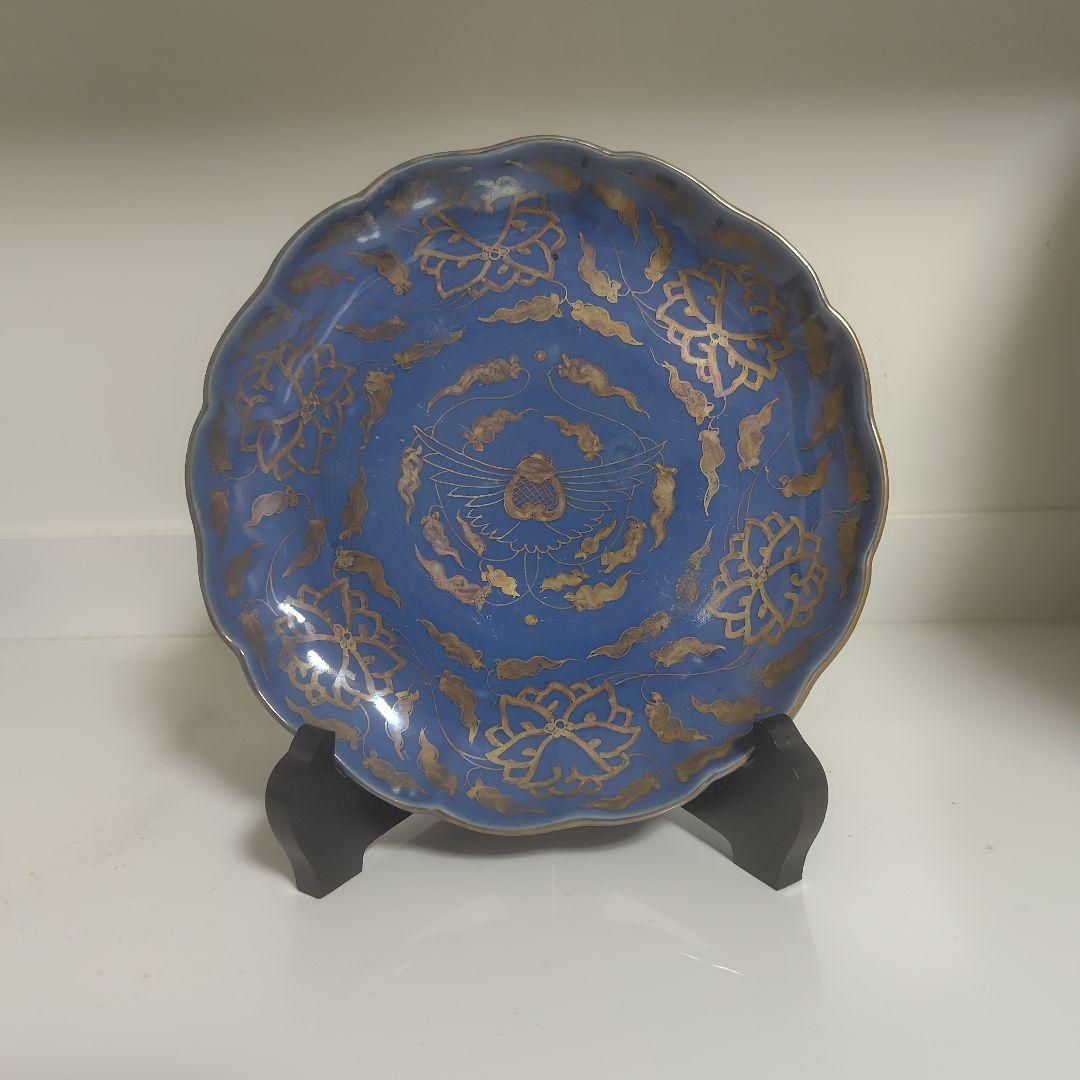 古伊万里 瑠璃釉 輪花皿