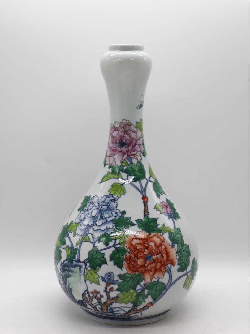 中国　とう彩　花卉紋蒜頭瓶　乾隆年製銘　送料込み250510