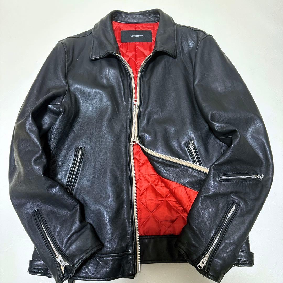 【極美品】XLサイズ ナノユニバース シープスキン シングルライダース 黒 赤