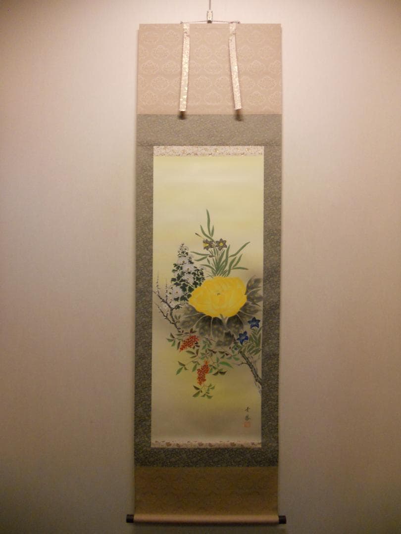 掛け軸 河田雲鳳 『 五帝四季花 』 絹本 希少 軸装 茶道具 掛軸 美品 です