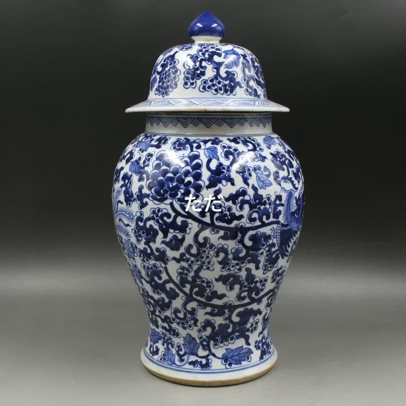 青花に花鳳紋将軍缶 景徳鎮 陶磁器 装飾品 現代工芸品 美術品 置物