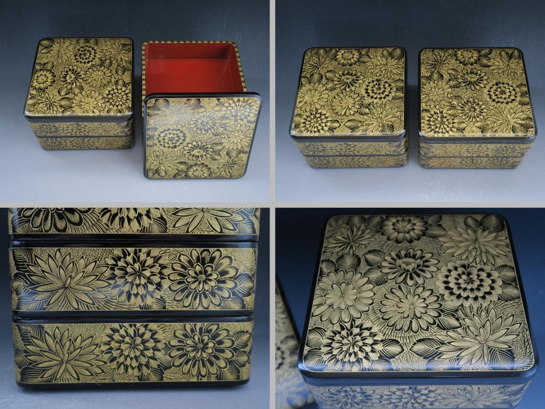 【輪島塗】極上菊詰沈金 四段重箱 内朱塗 蓋二枚 縁網代沈金重台付 天然木 共箱