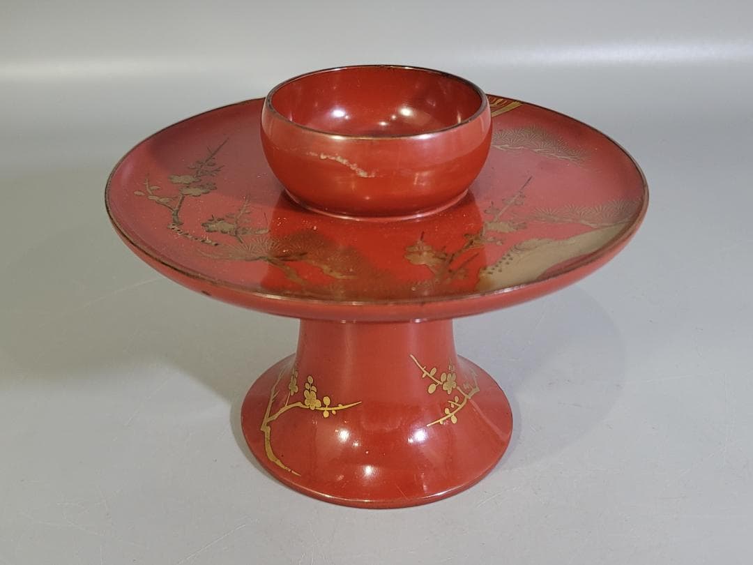 DT589 茶道具 朱塗 松竹梅蒔絵 天目台 時代物