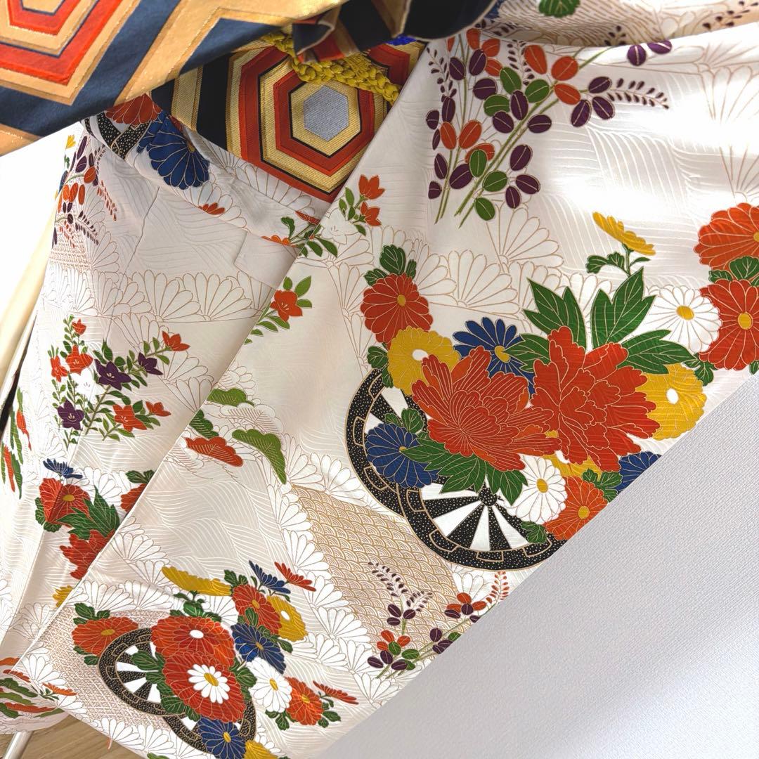 6 振袖フルセット 正絹 オフホワイト 橙 金彩 駒刺繍 刺繍 レトロ 古典