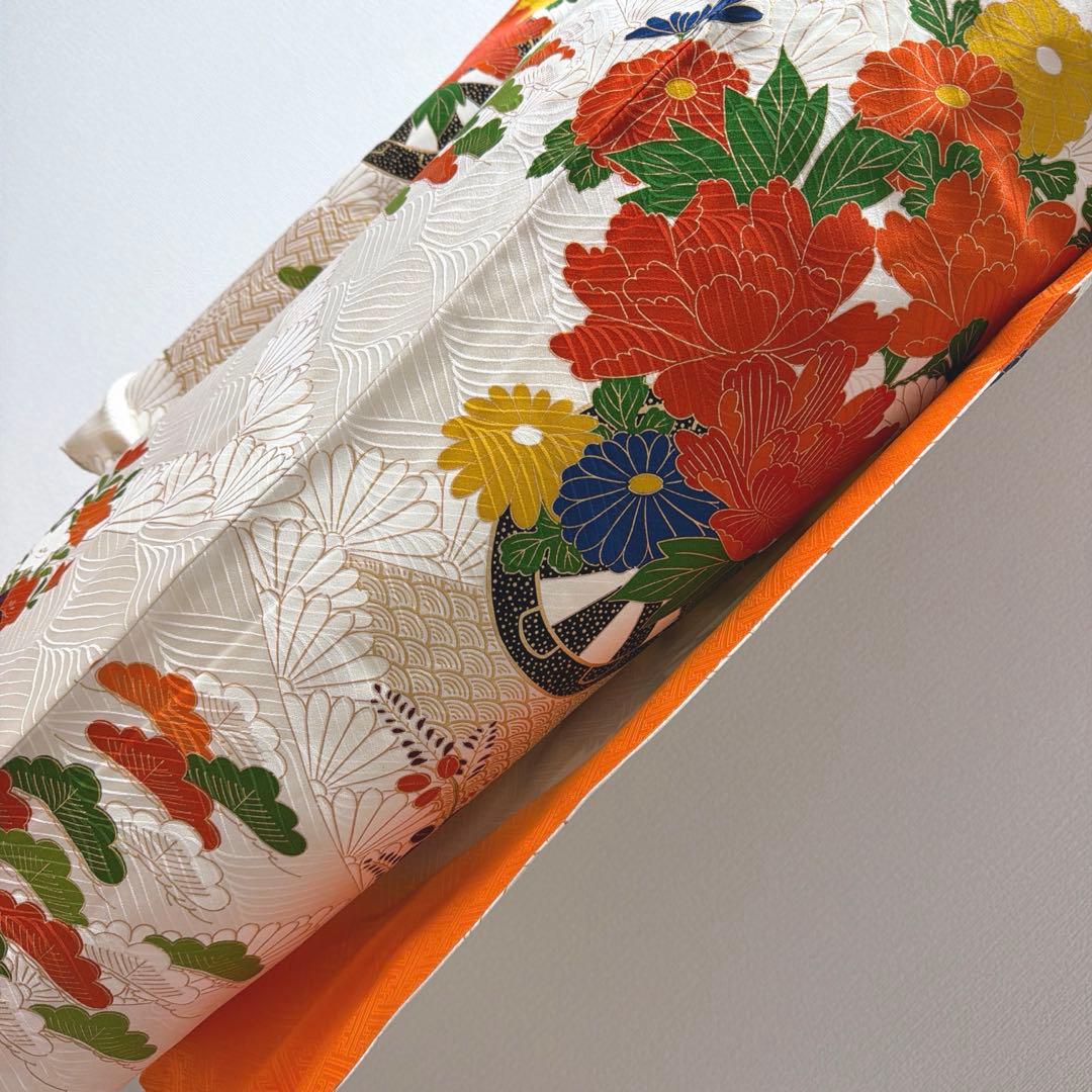 6 振袖フルセット 正絹 オフホワイト 橙 金彩 駒刺繍 刺繍 レトロ 古典