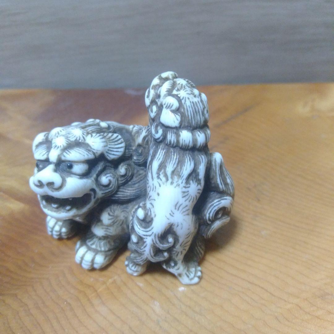 根付　親子獅子　幕末〜明治　牙彫　白龍銘