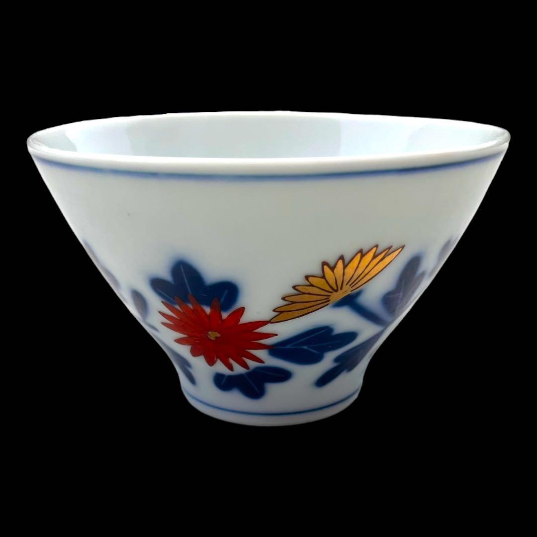 江後期～明治時代 豊楽燒 染付 金彩 菊花絵文　湯呑み5点　茶器　手書き　尾張