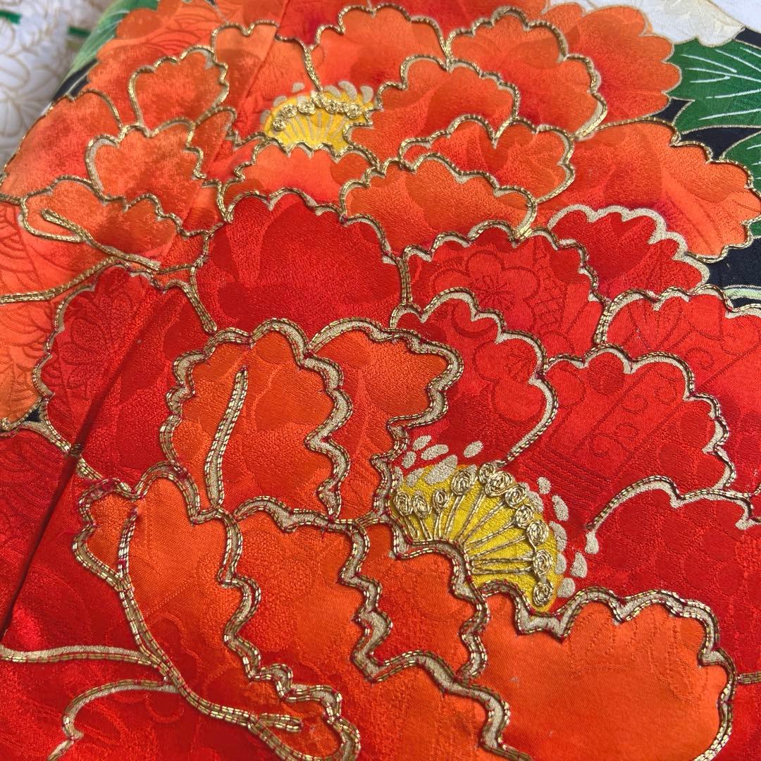 445 振袖フルセット 正絹 クリーム 橙 黒 金彩 駒刺繍 豪華 レトロ 古典
