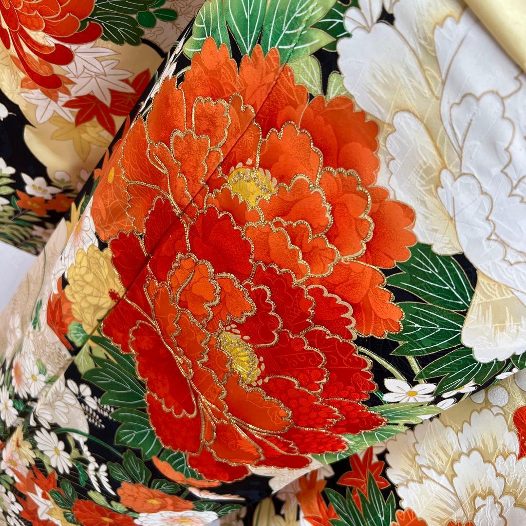 445 振袖フルセット 正絹 クリーム 橙 黒 金彩 駒刺繍 豪華 レトロ 古典
