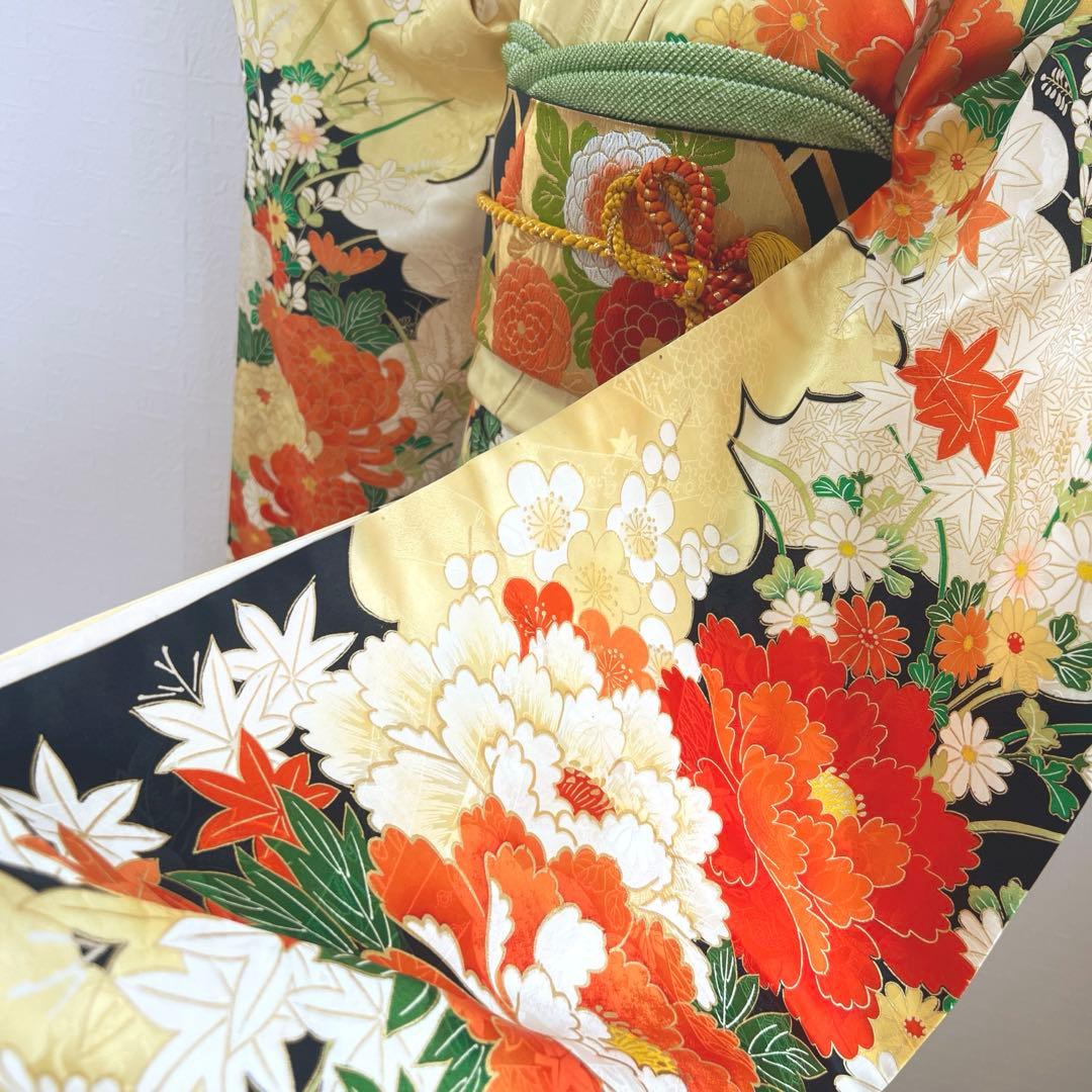 445 振袖フルセット 正絹 クリーム 橙 黒 金彩 駒刺繍 豪華 レトロ 古典