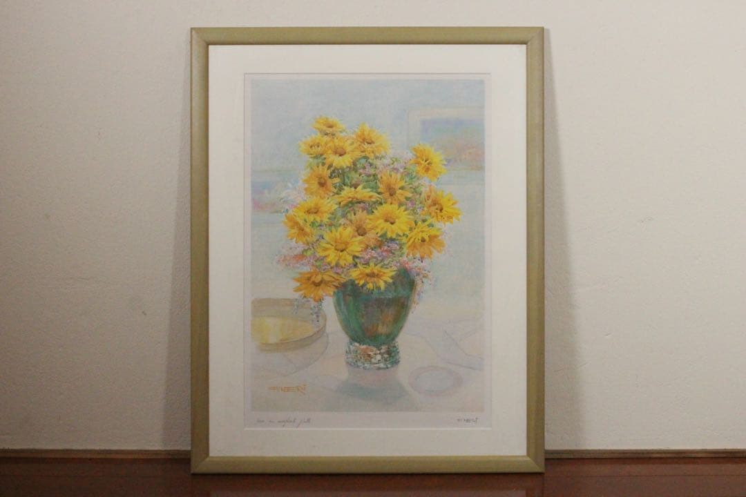 No4713額装　印刷　F.NERi 水彩画　花　花瓶　静物画　絵画　送料無料