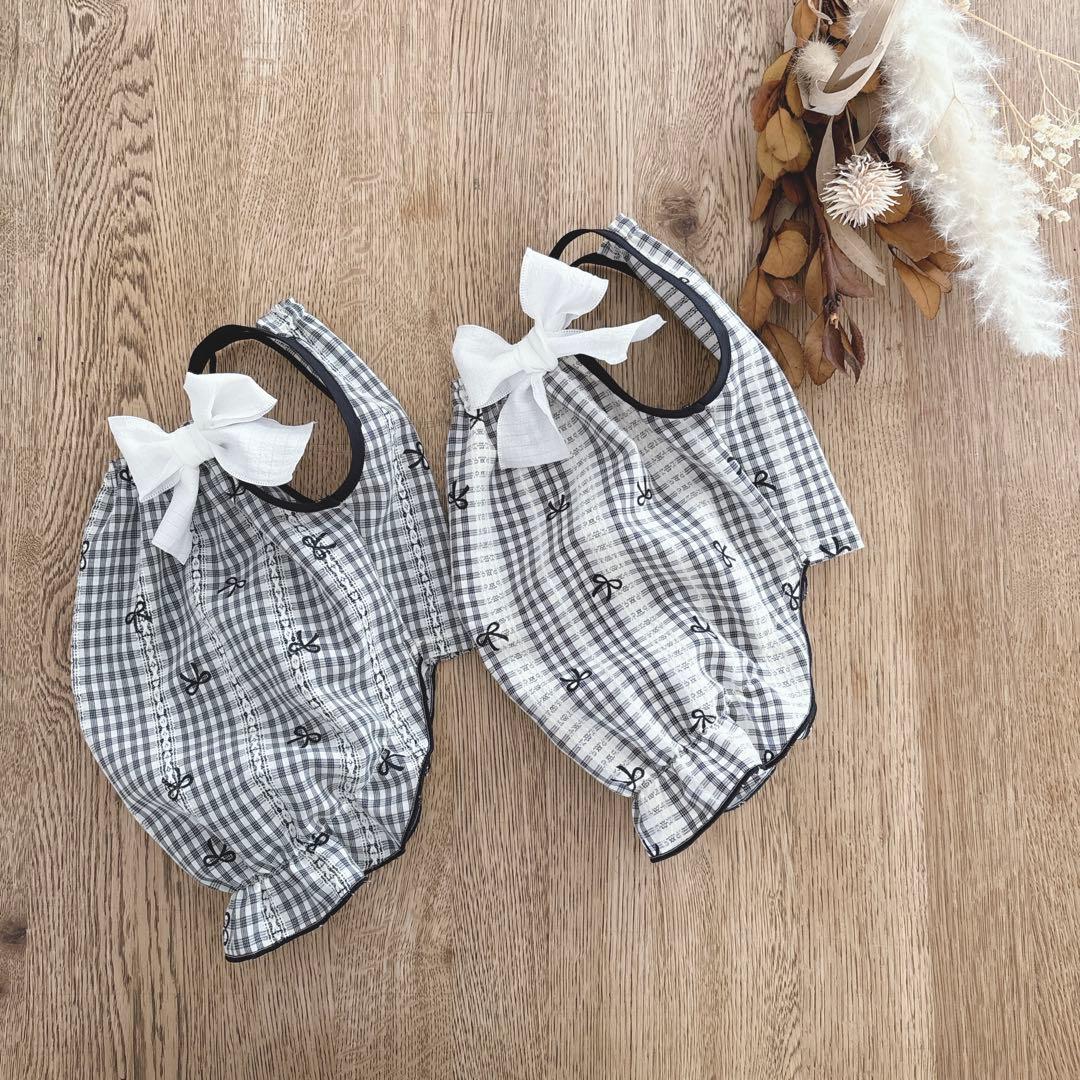 ハンドメイド　モノトーンリボンチェック柄　ドビー織り　バルーンキャミ　ワンピース