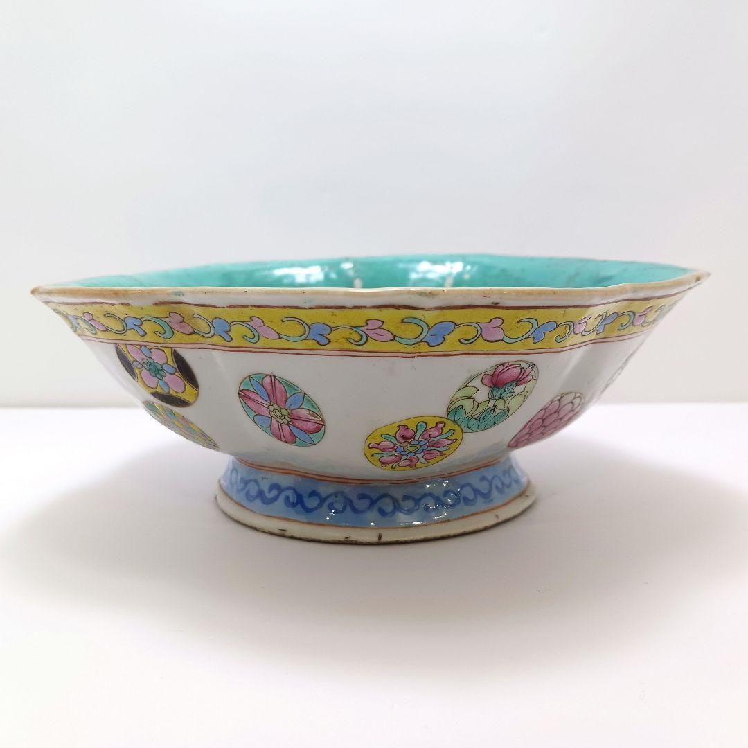 Y2375 中国 手彩 六角粉彩中鉢 在銘印有　く