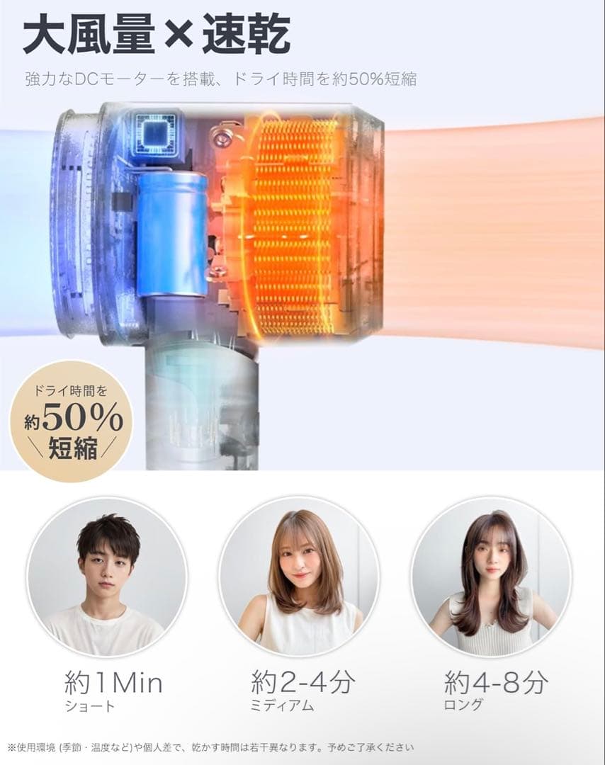 Feekaa ドライヤー 大風量 速乾 軽量 低騒音 低温 ブラック