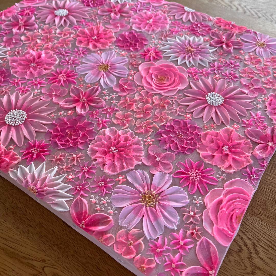 テクスチャーアート 花の絵 花柄 ボタニカルアート 絵画 ピンクの花柄
