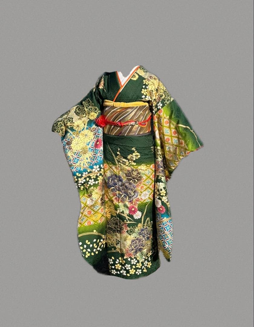 振袖　フルセット　成人式　正絹　緑　金　グリーン