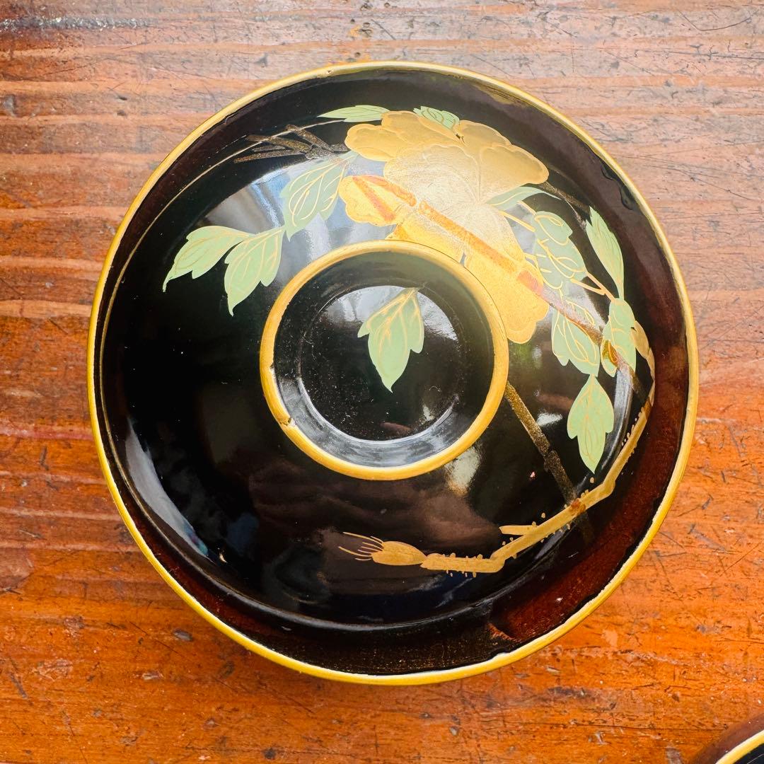 黒漆金彩花文溜塗吸物椀　お吸い物　　黒漆椀　木製椀3客セット　祝膳に　溜め塗り