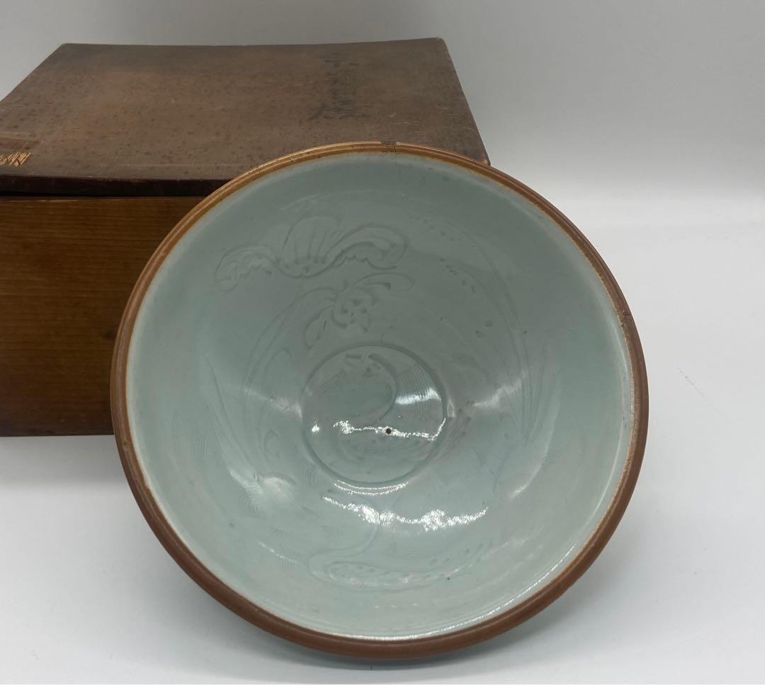 中国　青白磁畫花蓮池鴨紋碗　湖田窯　木箱入　送料込み0111