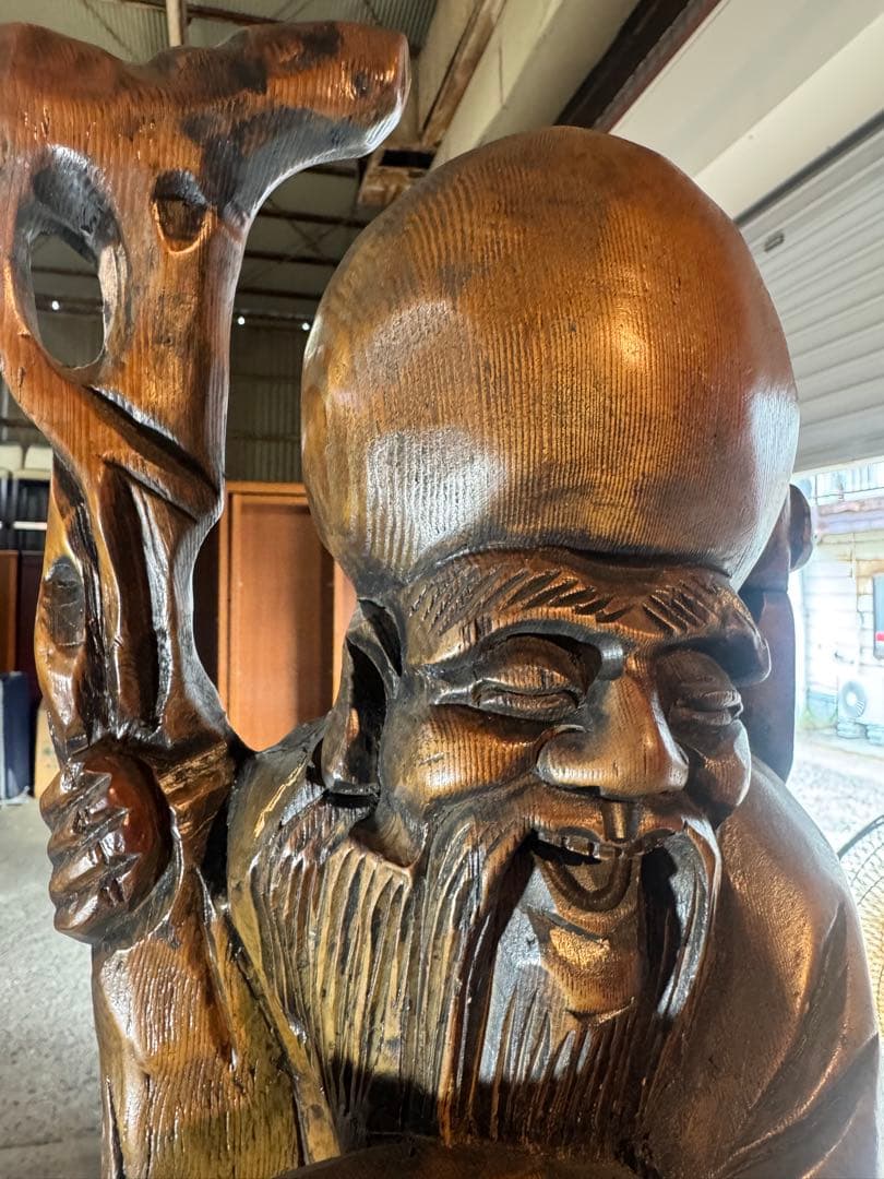 特大 木彫 寿老人 七福神 無垢材 一刀彫 置物 90cm
