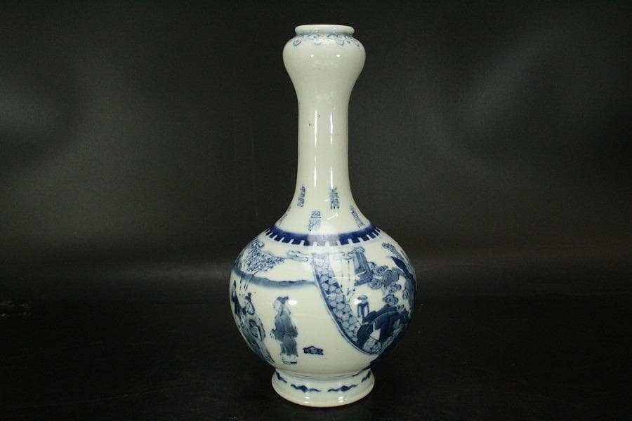 中国美術 青花 人物紋 瓶 高27cm 朗吟閣製 款(HA370)