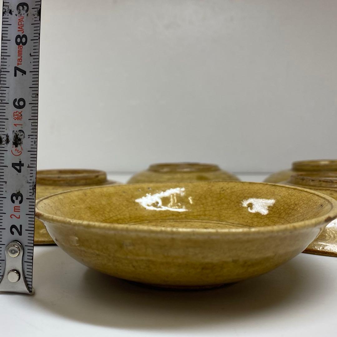江戸時代　黄瀬戸小皿5枚　木箱付　直径11㎝　東Y7-0328☆2Fタニト
