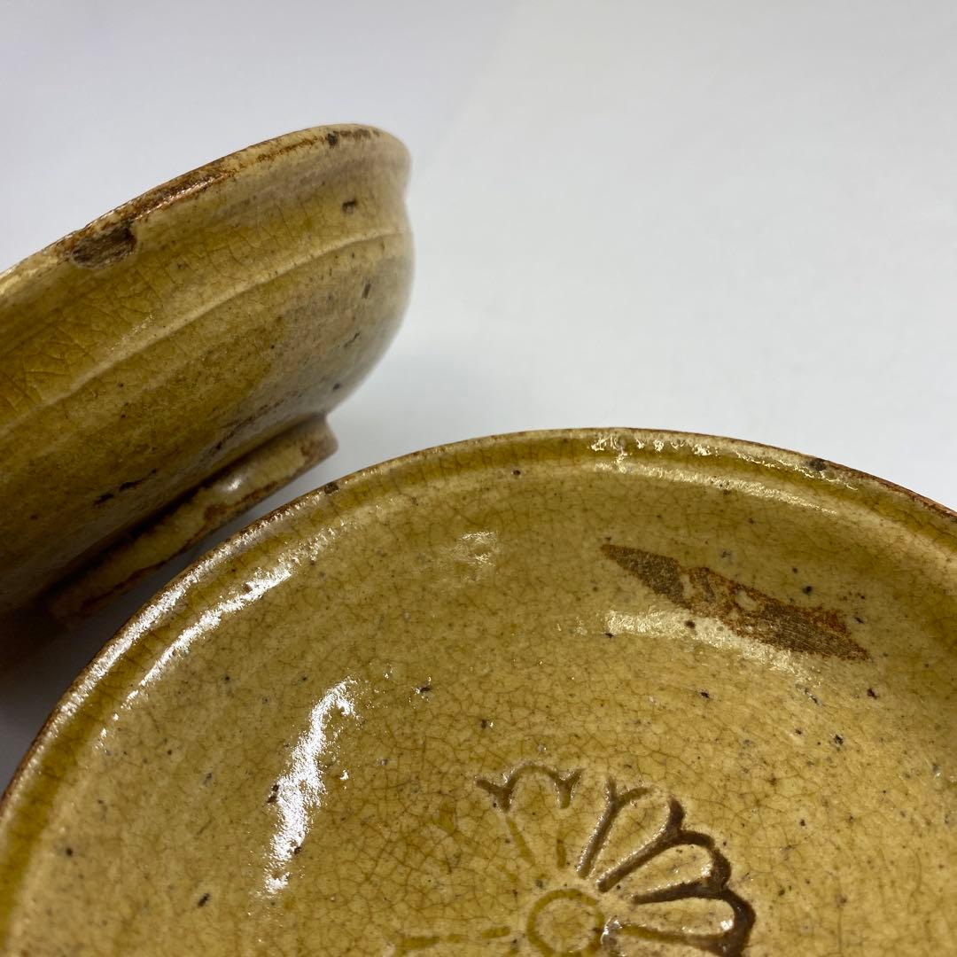 江戸時代　黄瀬戸小皿5枚　木箱付　直径11㎝　東Y7-0328☆2Fタニト