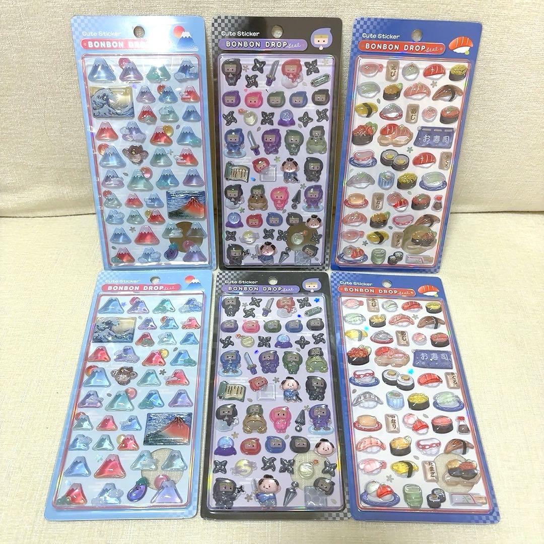 【正規品】 和柄 ボンボンドロップシール 富士山 忍者 お寿司 6枚セット
