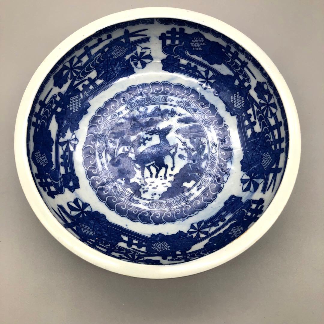 明治時代古伊万里鹿獅子図柄ベロ藍印判手鉢ボウル24cm伊万里焼骨董品