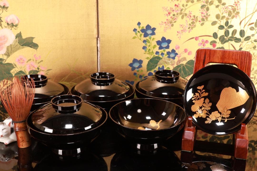 時代輪島塗　目出た図金蒔絵　吸物椀　五客　木製　霊芝　草花 BJ047