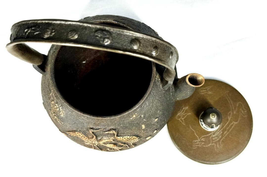 鶴鉄瓶 急須 唐銅蓋 銅摘 茶壺 湯沸 稀少 歴史 煎茶道具 骨董WWST070