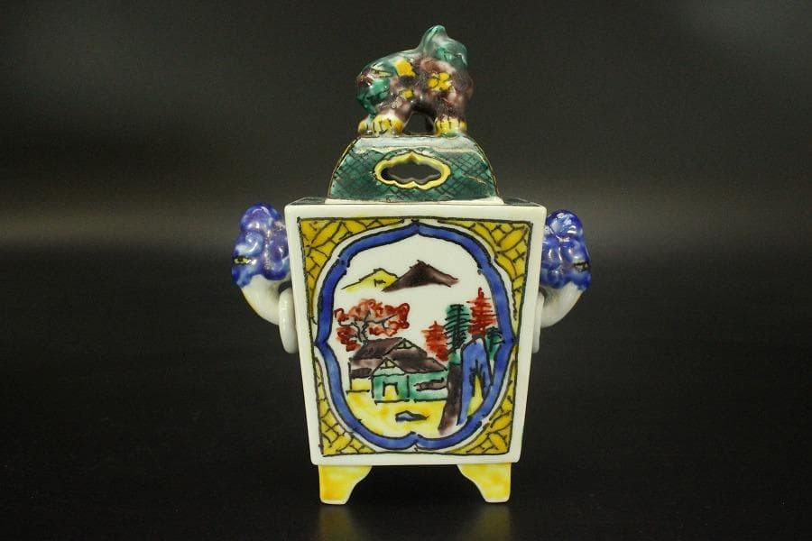 九谷焼 香炉 双耳 獅子蓋 木箱付(メ1491)