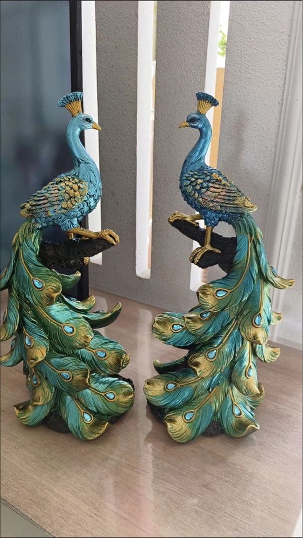 孔雀の置物 青と緑のグラデーション2個セット